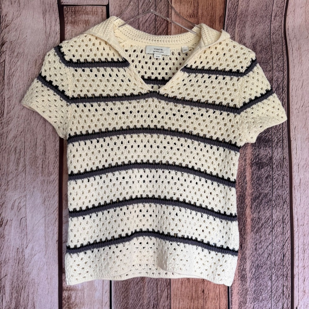Vince Striped Macrame Open Knit Polo Coastal Lightweight Cream Preppy Summer XS